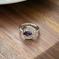Detail of silver cat and moon ring with purple oval stone and white zircon pavé - Moon Cat Purple Oval Stone Style(JZ5587)