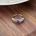 Macro detail of silver open ring with heart-shaped purple zircon and hollow vine pattern - Heart Purple Gemstone Hollow Vine Style(JZ6246)