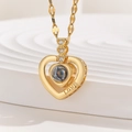 Golden heart projection necklace with I Love You in 100 languages and Love engraving - Double Heart with LOVE Carving (TP-04259-01)