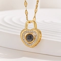 Golden heart-shaped lock necklace with 100 languages projection stone and zircon inlay - Heart Lock with Zirconia (TP-04253-01)