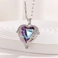 Detail of angel wing heart necklace with purple-blue gradient crystal and silver chain - Dreamy Gradient Angel Wings Style (TP-04281-01)