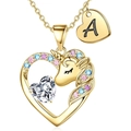 Collana a cuore dorata con pendente unicorno, zirconi colorati e ciondolo lettera A - Oro A