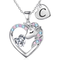 Collana con ciondolo a cuore di unicorno, lettera C e pietre di zircone colorate - Argento C