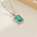 Elegant emerald cut green gemstone necklace with pavé diamond halo in silver finish - Silver Lake Blue Necklace (Silver Post)