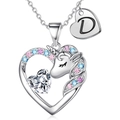 Collana a cuore con unicorno, zirconi colorati e ciondolo con lettera D personalizzata - Argento D