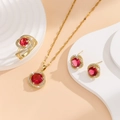 Detailed view of luxury gold-plated jewelry set with ruby red stones and zircon accents - Gold-Red / Number 7