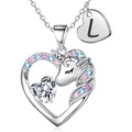 Collana con ciondolo a cuore unicorno con zirconi colorati e ciondolo con lettera L - Argento L