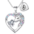 Collana con pendente a cuore di unicorno con zirconi colorati e ciondolo lettera O - Argento O