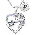 Ciondolo unicorno in argento con lettera P e pietre di zircone rosa e blu - Argento P