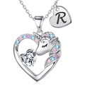 Collana unicorno cuore argento con ciondolo lettera R e zirconi colorati - Argento R