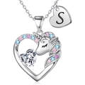 Collana con ciondolo a cuore di unicorno con zirconi colorati e ciondolo con lettera S - Argento Forma S