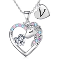 Collana unicorno argento a cuore con ciondolo lettera V e zirconi colorati per bimbe - Argento V