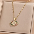 Macro detail of gold evil eye necklace with colorful zircon stones and sunray texture - Rectangular Gemstone Frame Evil Eye Style (TP-04465-01)