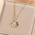 Detail of gold evil eye pendant with purple rhinestones and colorful enamel on satin - Blue Enamel Center Purple Frame Evil Eye Style (TP-04467-02)