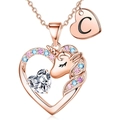 Collana unicorno oro rosa con cuore in zircone colorato e ciondolo lettera C - Oro Rosa C