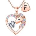 Collana con ciondolo a cuore e unicorno in oro rosa con zirconi colorati e lettera F - Oro Rosa F