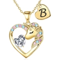 Collana cuore unicorno dorato con gemme multicolori e ciondolo con lettera B - Oro B