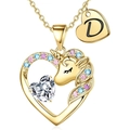 Collana con cuore e unicorno dorato con zirconi colorati e ciondolo personalizzato lettera D - Oro D