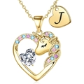 Collana a cuore unicorno dorata con pietre colorate e ciondolo lettera J - Oro J