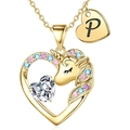 Collana con cuore e unicorno dorato con zirconi colorati e ciondolo con lettera P - Oro P
