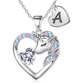 Collana con unicorno a cuore con zirconi colorati e ciondolo lettera A in finitura argento - Argento A