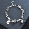 Vintage industrial silver chain bracelet with Good Luck square tag and cross charm - Good Luck Tag Antique Style (SL0017)
