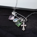 Silver safety pin necklace with colorful heart and cross charms on dark background - Silver (XL0558)