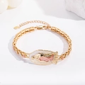 Detailed view of tricolor Virgin Mary religious bracelet with floral charms and lobster clasp - Gold Silver Rose Gold Pink Enamel