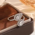 Sparkling water drop and heart shape open ring with radiant square cut zircons - Silver Open Ring