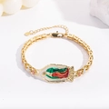 Golden Virgin of Guadalupe bracelet with enamel medallion and heart charm adjustable clasp - Gold Red Green Enamel