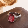 Vintage silver ring with cushion-cut red ruby set on a textured bark finish band - US 6 / Silver Rose Red