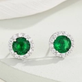 Elegant silver stud earrings with round emerald green stones and diamond halo setting - Silver Emerald Green