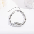 Adjustable silver bracelet with sparkling rhinestones and Virgin Mary religious medallion - Silver Enamel