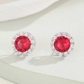 Elegant round red zircon stud earrings with white crystal halo on white stone base - Silver Rose Red