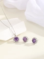 Detailed view of luxury purple zircon halo necklace and matching stud earrings set - Silver Tone Purple Zirconia