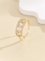Elegant gold finish ring with three central zircon stones and a micro-pave rectangular frame - US 6 / Gold