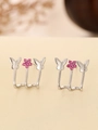 Detailed close-up of triple-effect silver butterfly earrings with pink synthetic corundum - Silver Butterfly Flower Style / Silver