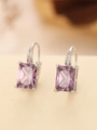 Macro view of lever-back earrings featuring emerald-cut purple gemstones and small zircons - Square (TE-09702-05)