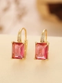 Macro detail of elegant 18K gold earrings with rectangular pink ruby and micro-pave diamonds - Square (TE-09702-01)