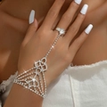 Sparkling rhinestone hand harness featuring a silver-toned geometric mesh ring and bracelet - Silver Color (999)