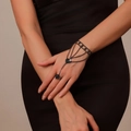 Elegant black rhinestone hand harness and finger ring set for bridal and formal dress accessory - Geometric Mesh Style (990) / Black