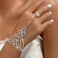 Elegant silver rhinestone slave bracelet with ring for latin dance and fashion occasions - Geometric Mesh Style (999) / Silver