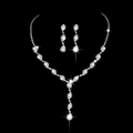 Elegant silver necklace and drop earrings set with pearls and sparkling crystals - 858 Silver Necklace Earrings Set Pearl