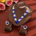 Deep blue heart crystal jewelry set including necklace and earrings with silver rhinestones - Set / Blue