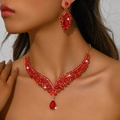 Luxury bridal red rhinestone teardrop necklace and earring set with golden finish - Red Rhinestone Jewelry / Red