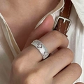 Silver textured wide band ring featuring clover cutouts and tiny zircon stones - Clover Striped Silver Ring (J6047)