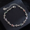 Bracelet raffiné en argent S925 avec zircons colorés et éléments de croix rétro - Style de Croix Arabesque Vintage (SL0389) / Argent antique