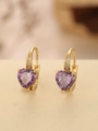 Elegant gold heart earrings with purple gemstone and white zircon accents for women - Heart (TE-09703-02)