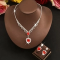 Classic silver heart jewelry set with red heart crystals and white diamond accents - Set / Red