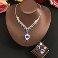 Elegant silver necklace and earrings set with heart-shaped blue gems for weddings - Set / Blue